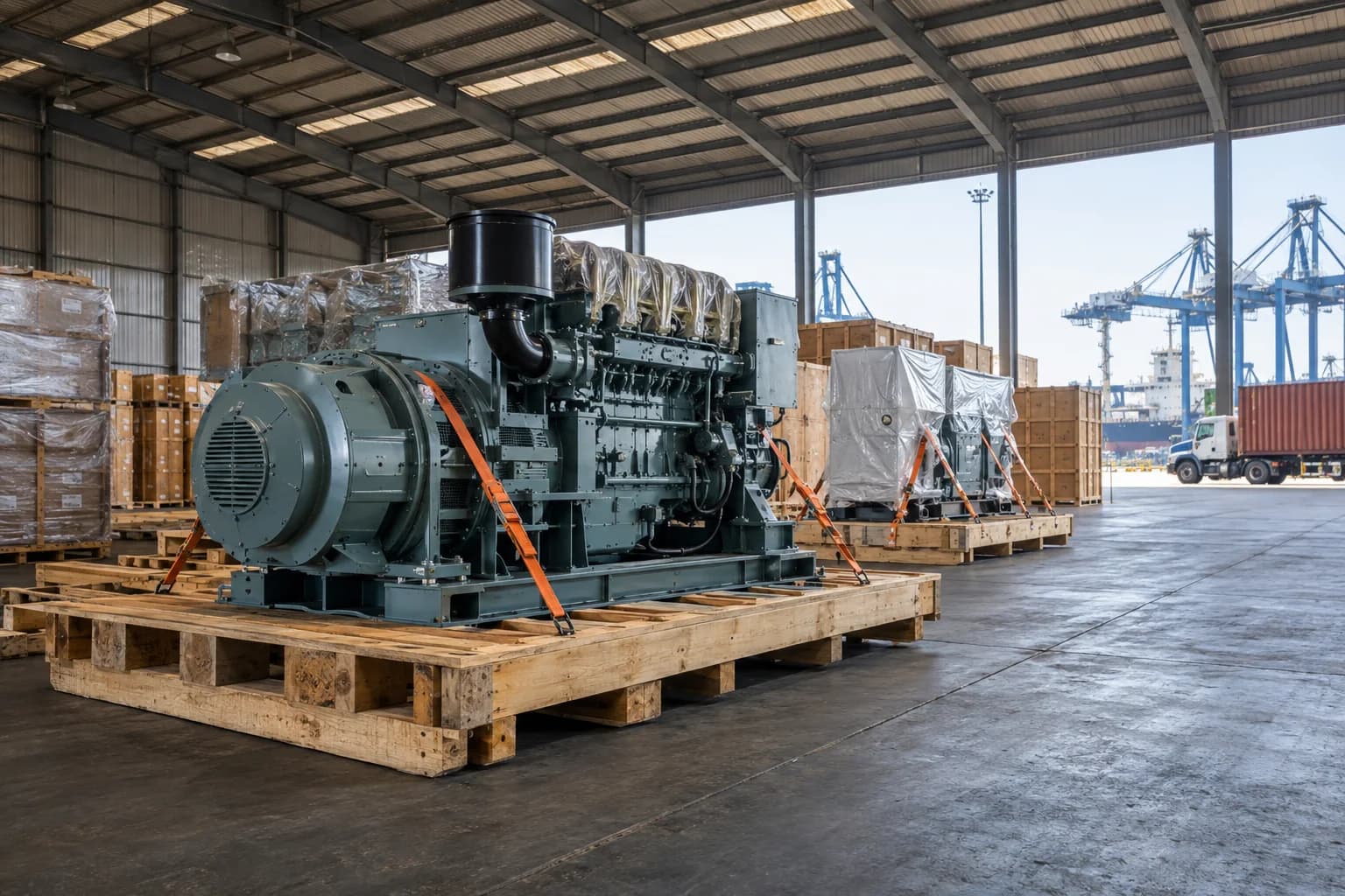 Machinery secured on shipping skids in bonded storage
