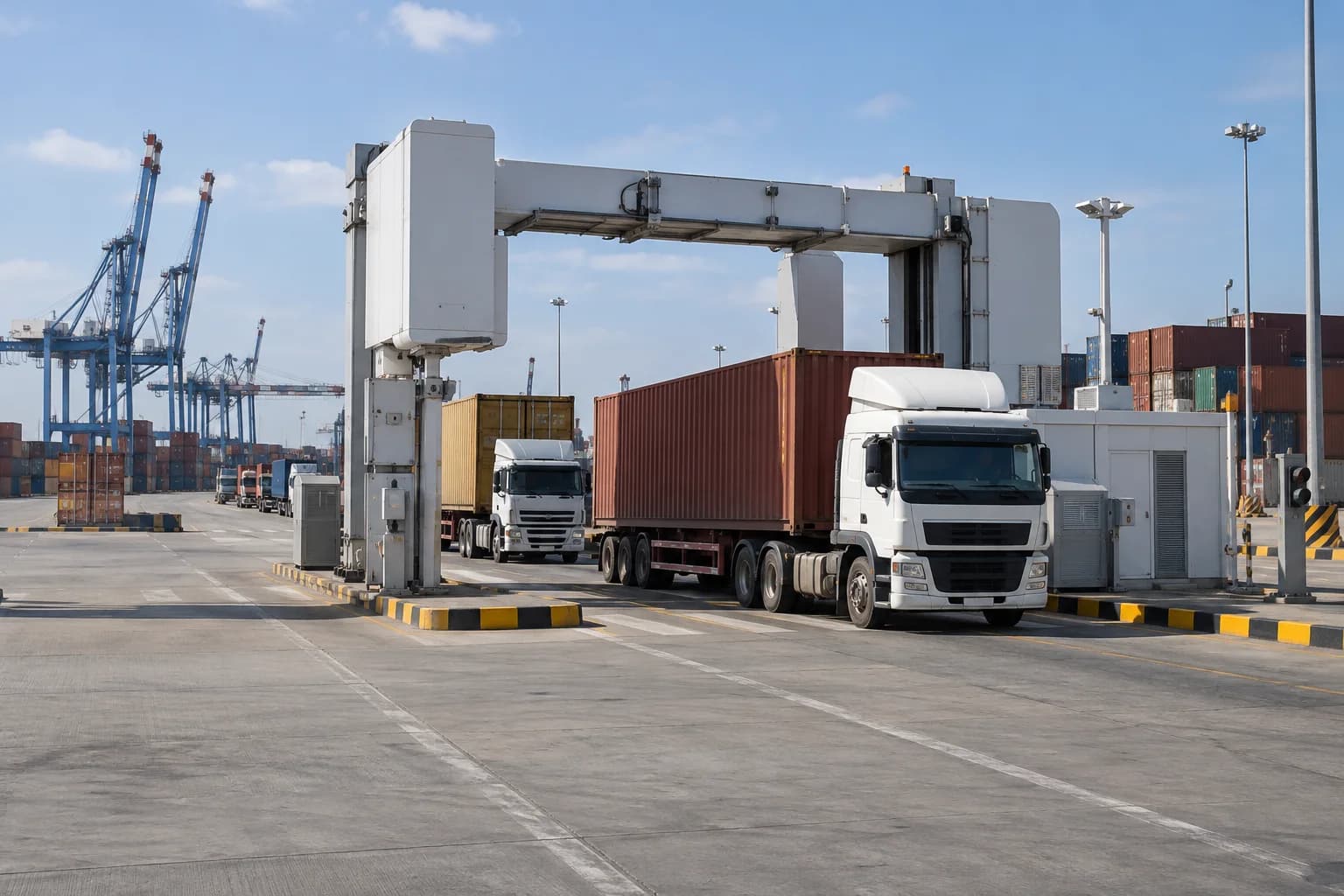 Freight trucks queued at a bonded cargo inspection terminal