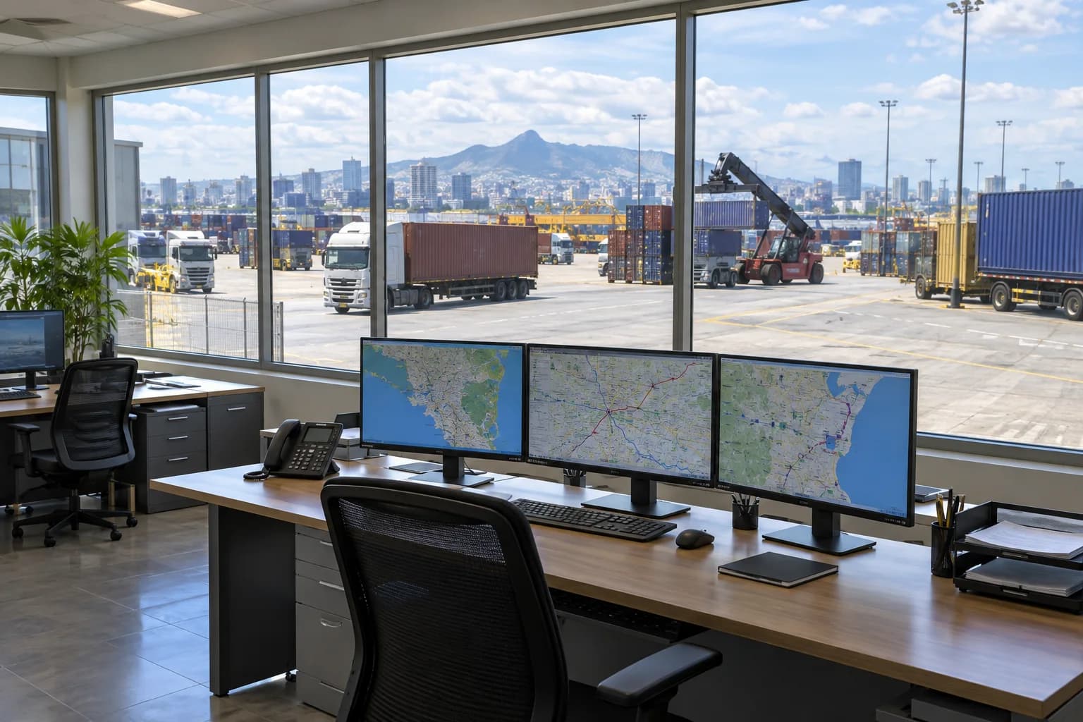 Logistics dispatch workstation overlooking a freight yard