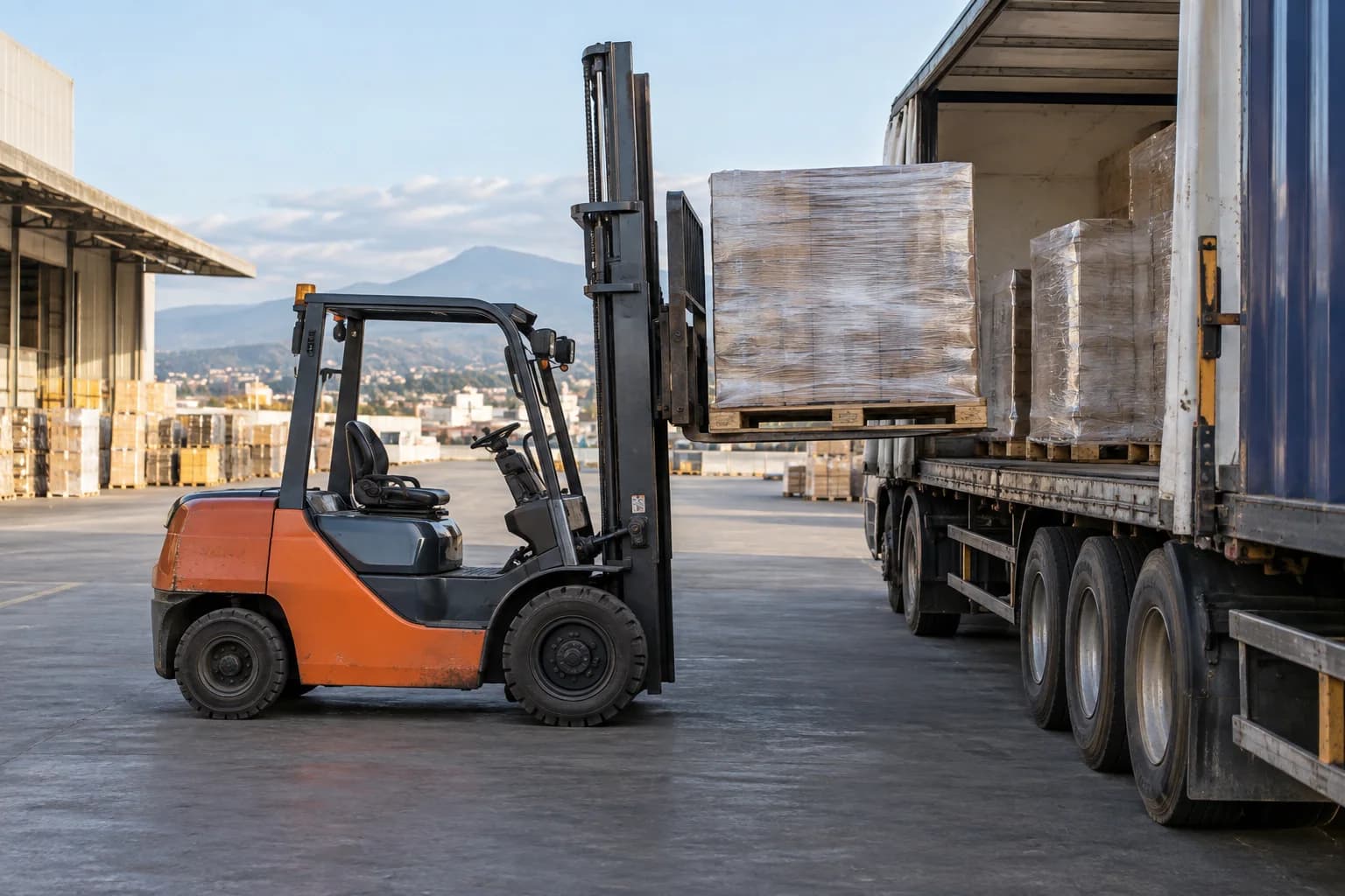 Forklift and wrapped freight beside a delivery trailer