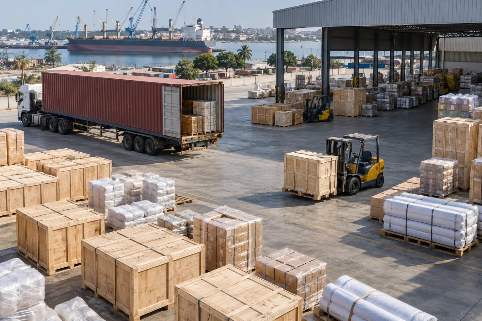 Shipping crates and protective packaging at a cargo preparation station