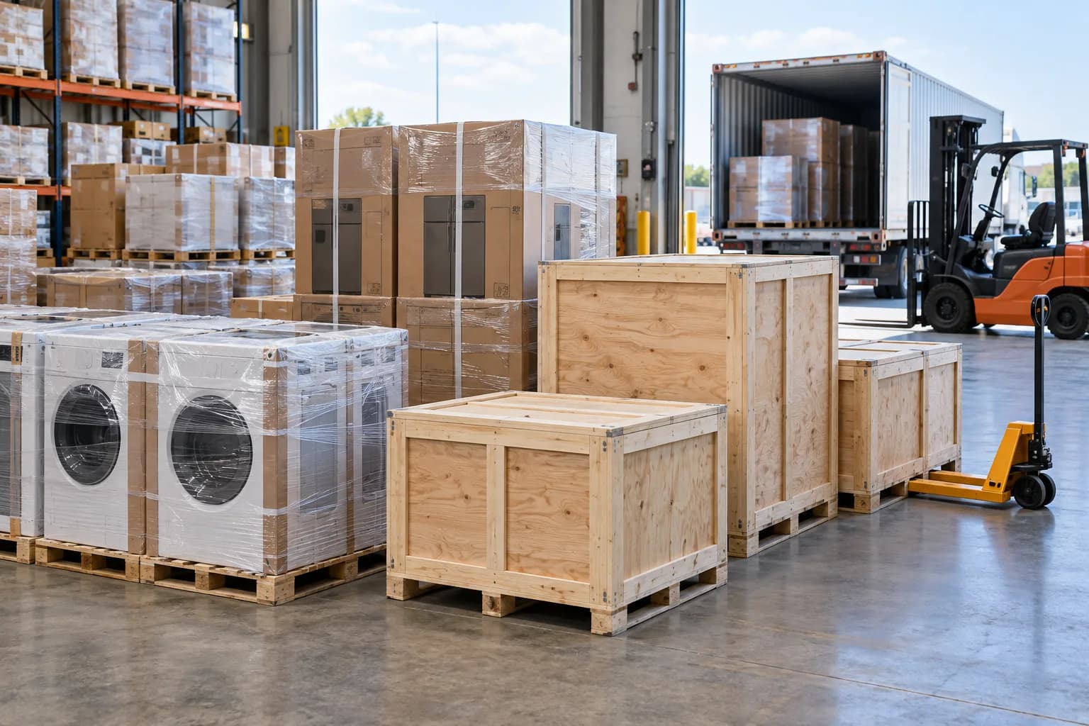 Boxed appliances and export crates consolidated for shipping