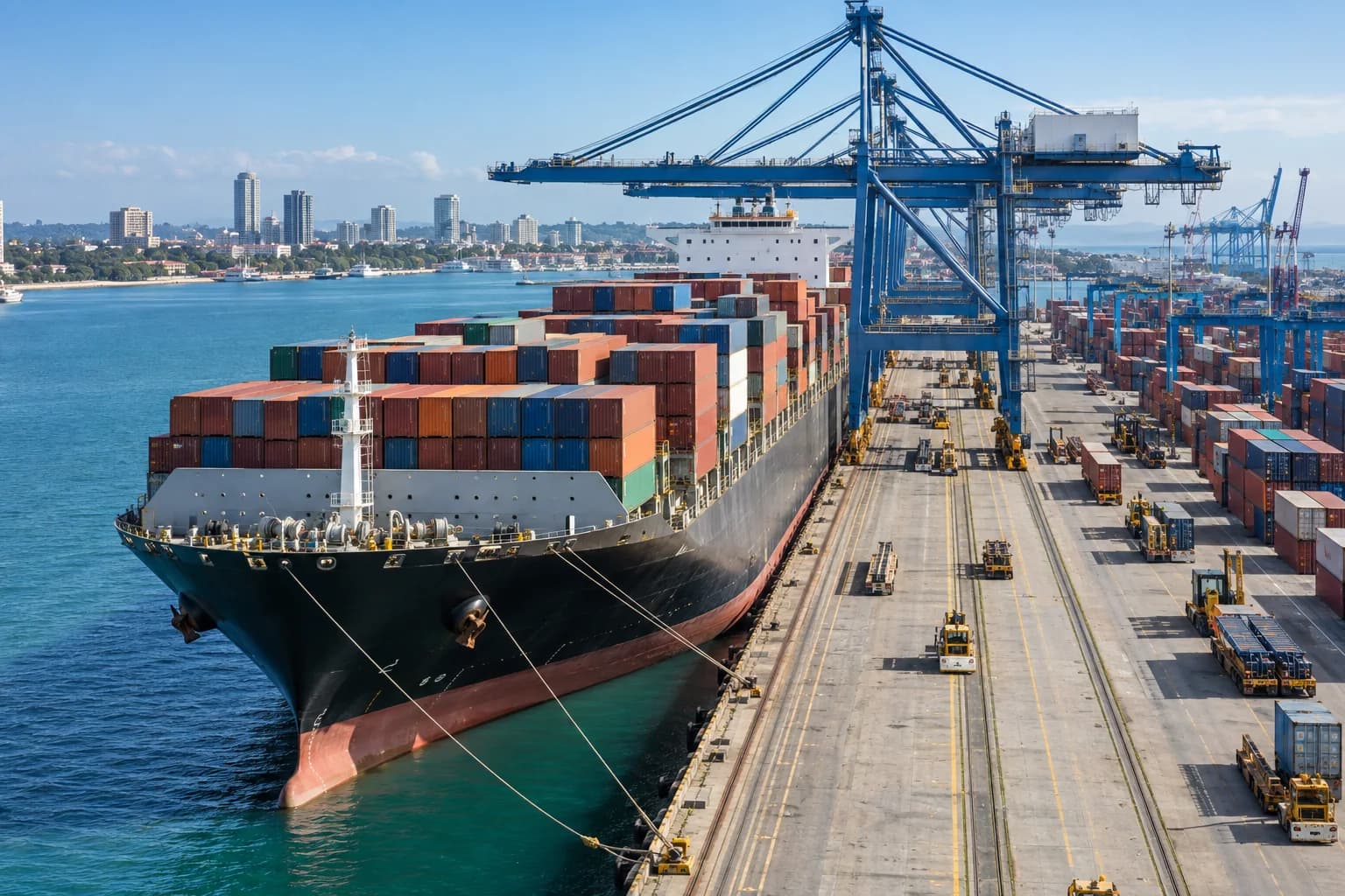 Container vessel alongside harbor cranes at a seaport