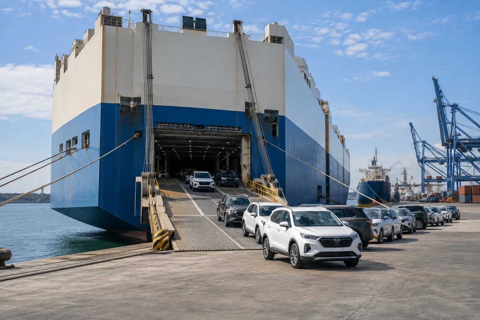 Vehicle transport vessel with its unloading ramp open