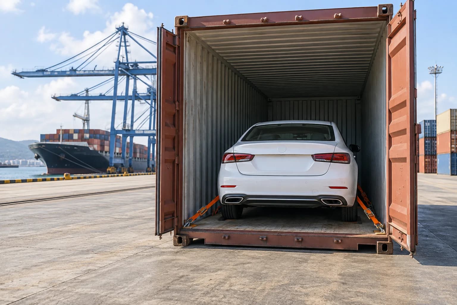 Imported sedan secured inside a shipping container